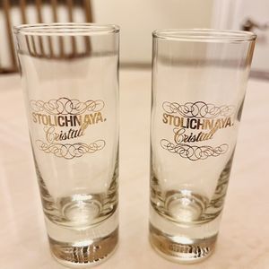 2 Clear Stolichnaya Russian Vodka Tall Double Shot Glasses Gold Leaf Logo